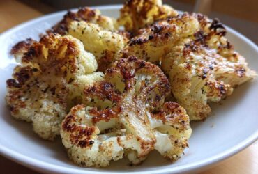 Close-up of perfectly caramelized Garlic Butter Roasted Cauliflower florets served on a white plate.