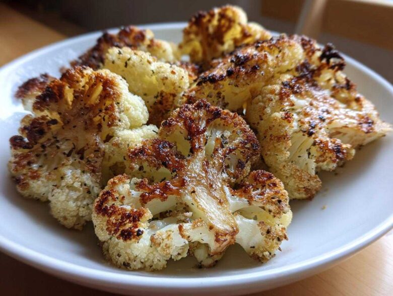Close-up of perfectly caramelized Garlic Butter Roasted Cauliflower florets served on a white plate.