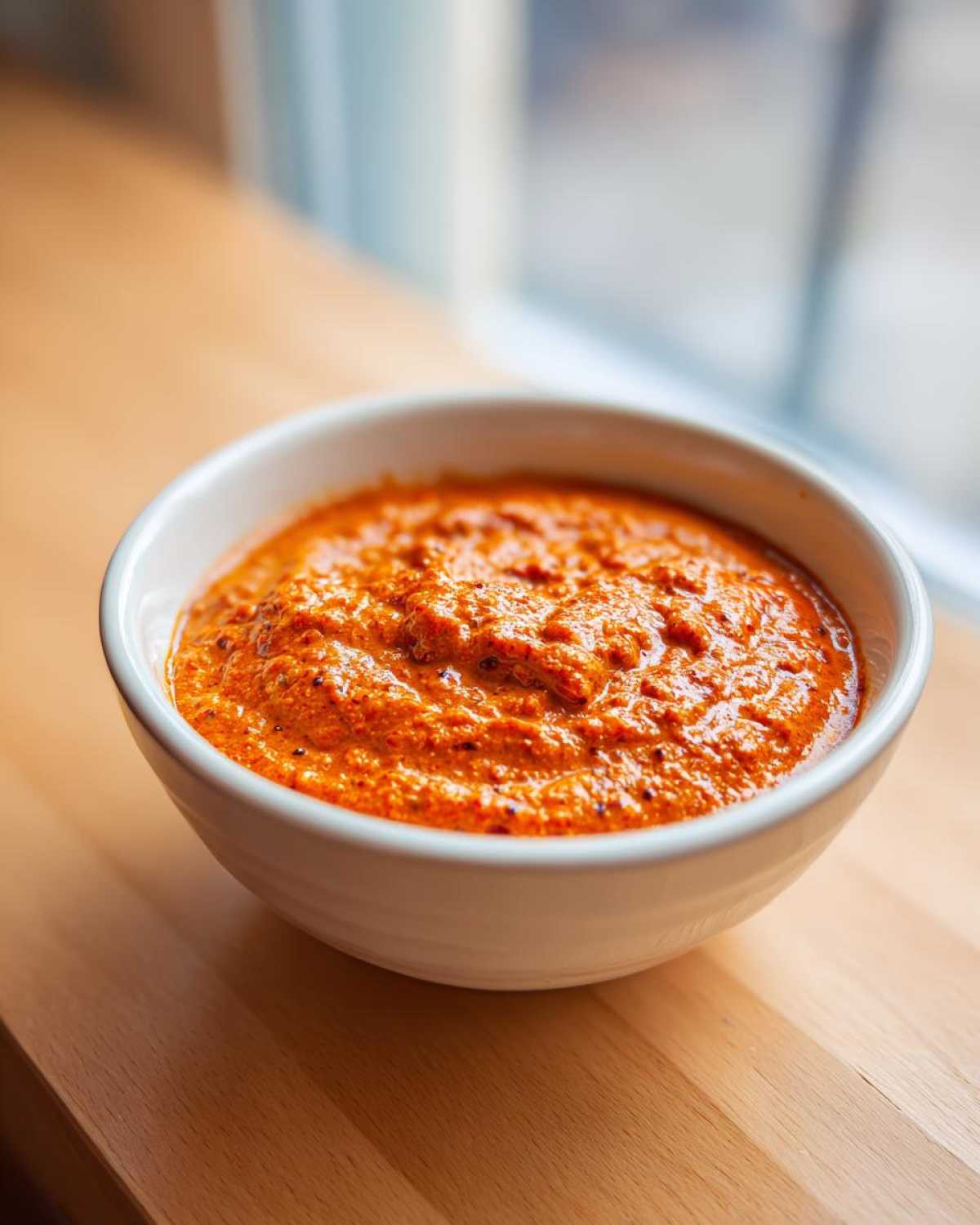 A close-up of thick, vibrant orange Garlic Tikka Masala Sauce in a white bowl, set on a wooden surface.