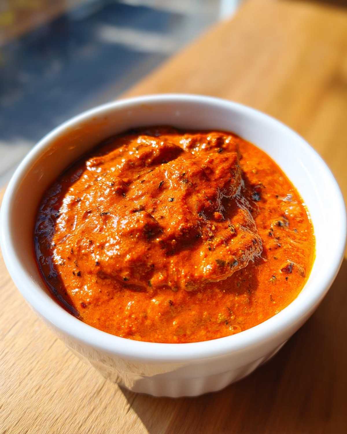 A close-up of thick, vibrant orange Garlic Tikka Masala Sauce served in a small white bowl on a wooden surface.