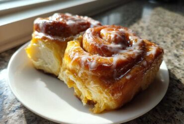 Two gooey, glazed Pistachio Cream Cinnamon Rolls sitting on a small white plate bathed in sunlight.