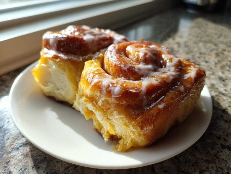Two gooey, glazed Pistachio Cream Cinnamon Rolls sitting on a small white plate bathed in sunlight.