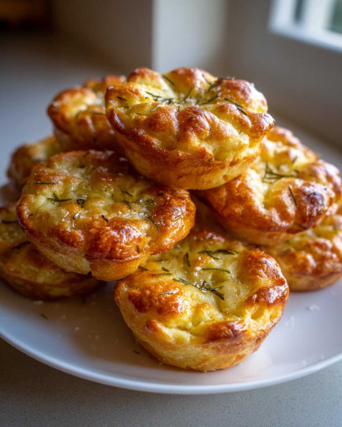 A stack of golden brown Focaccia Muffins topped with rosemary and coarse salt, ready to serve.