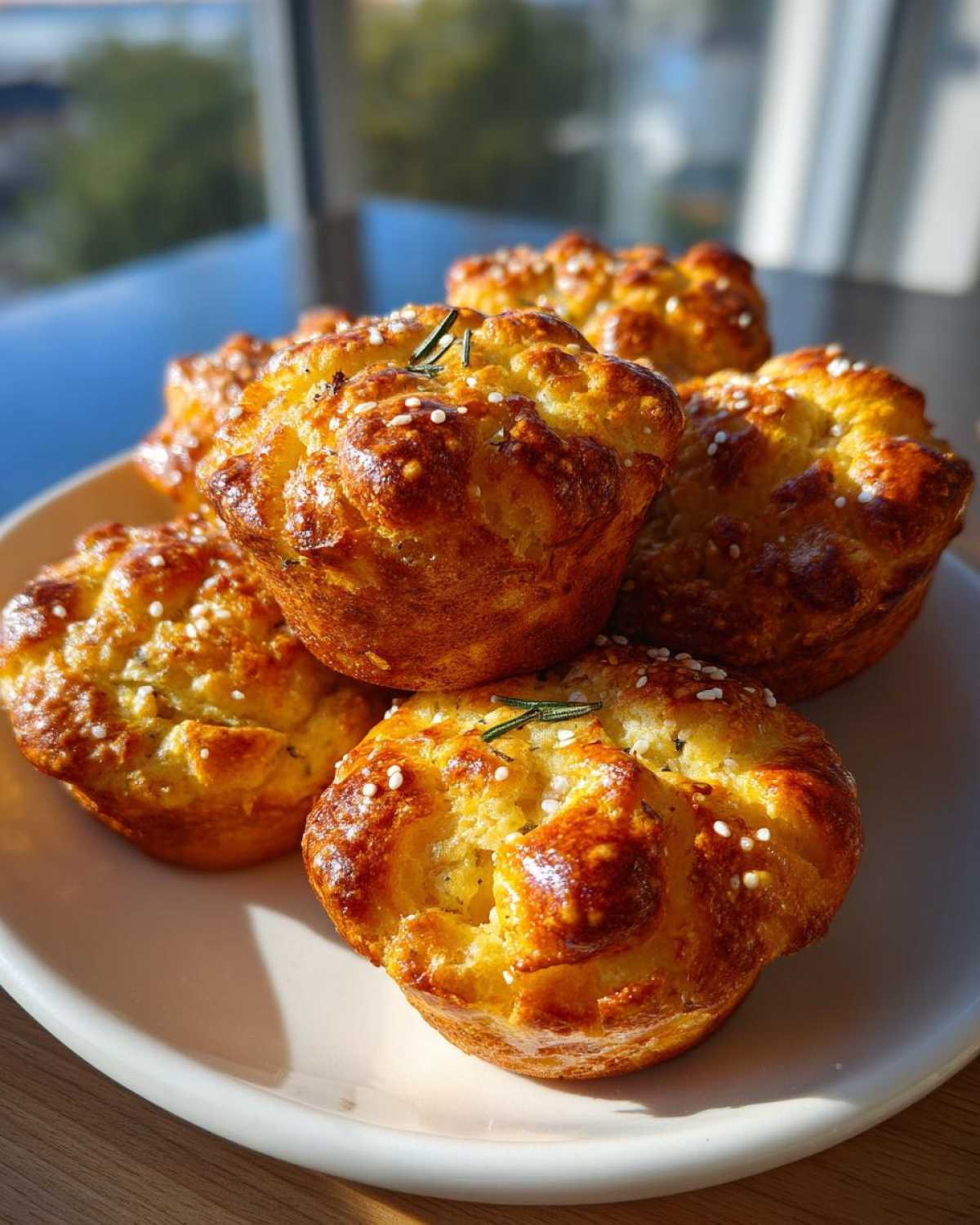 A stack of golden brown Focaccia Muffins, topped with coarse salt and a sprig of rosemary, sitting on a white plate.