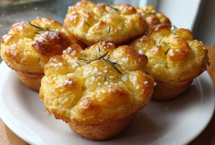 A close-up of several golden brown Focaccia Muffins, glistening with oil and topped with coarse sea salt and fresh rosemary sprigs.