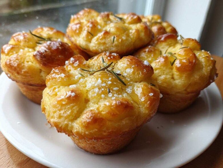 A close-up of several golden brown Focaccia Muffins, glistening with oil and topped with coarse sea salt and fresh rosemary sprigs.