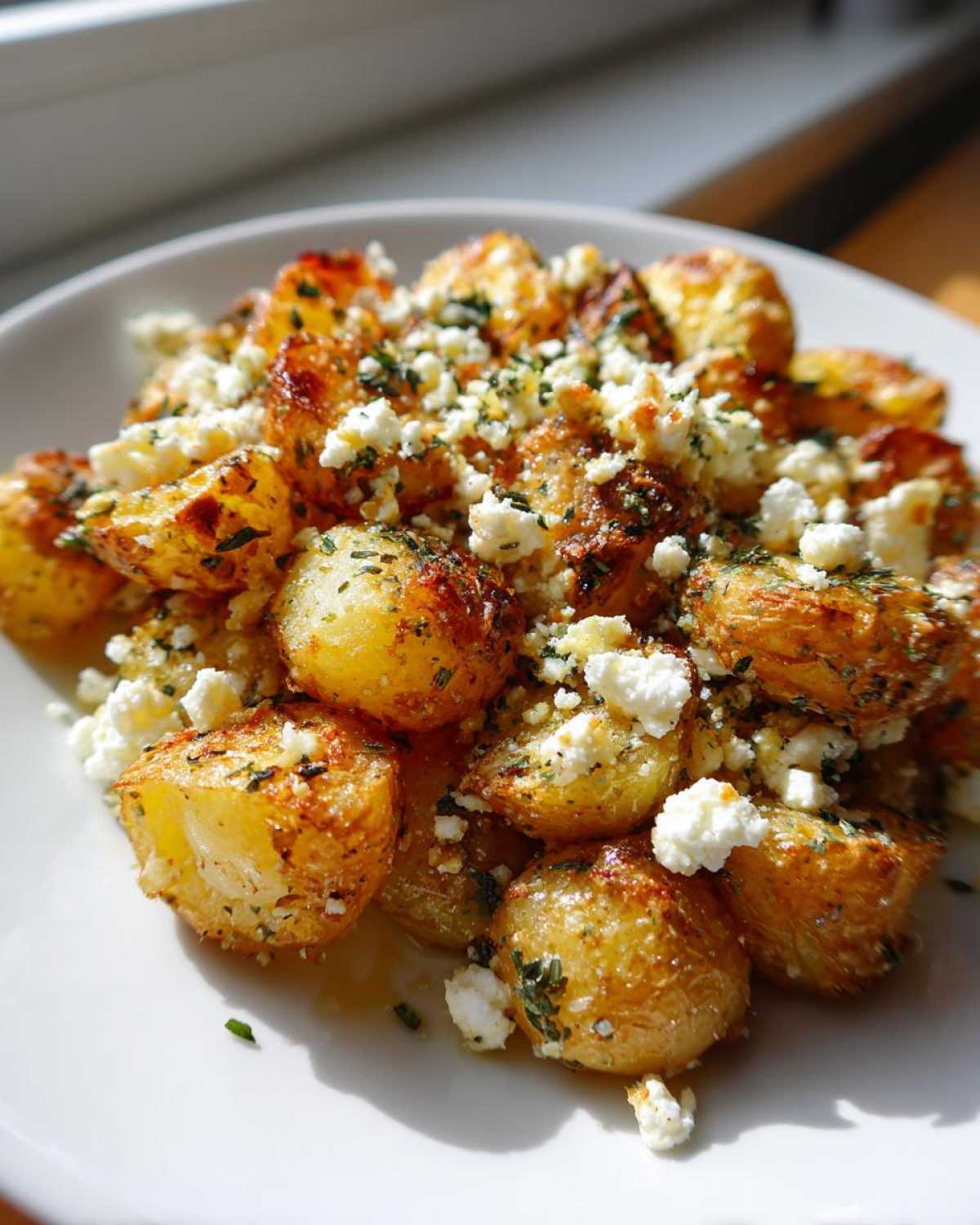 Close-up of golden brown Greek Feta Roast Potatoes topped with crumbled feta cheese and green herbs.