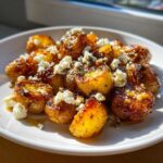 Close-up of perfectly roasted Greek Feta Roast Potatoes, glistening with oil and topped with crumbled feta cheese and herbs.