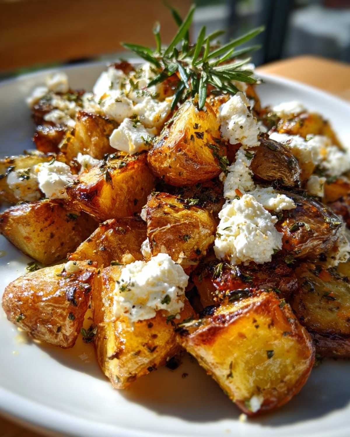 Close-up of golden brown Greek Feta Roast Potatoes topped with crumbled feta cheese and fresh rosemary.