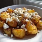 Close-up of golden, roasted potatoes topped with crumbled feta cheese and herbs, representing Greek Feta Roast Potatoes.