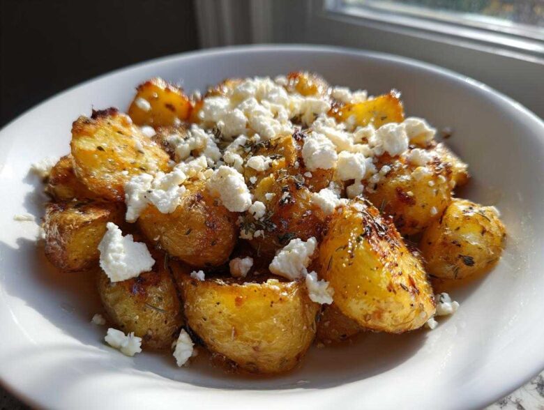 Close-up of golden, roasted potatoes topped with crumbled feta cheese and herbs, representing Greek Feta Roast Potatoes.