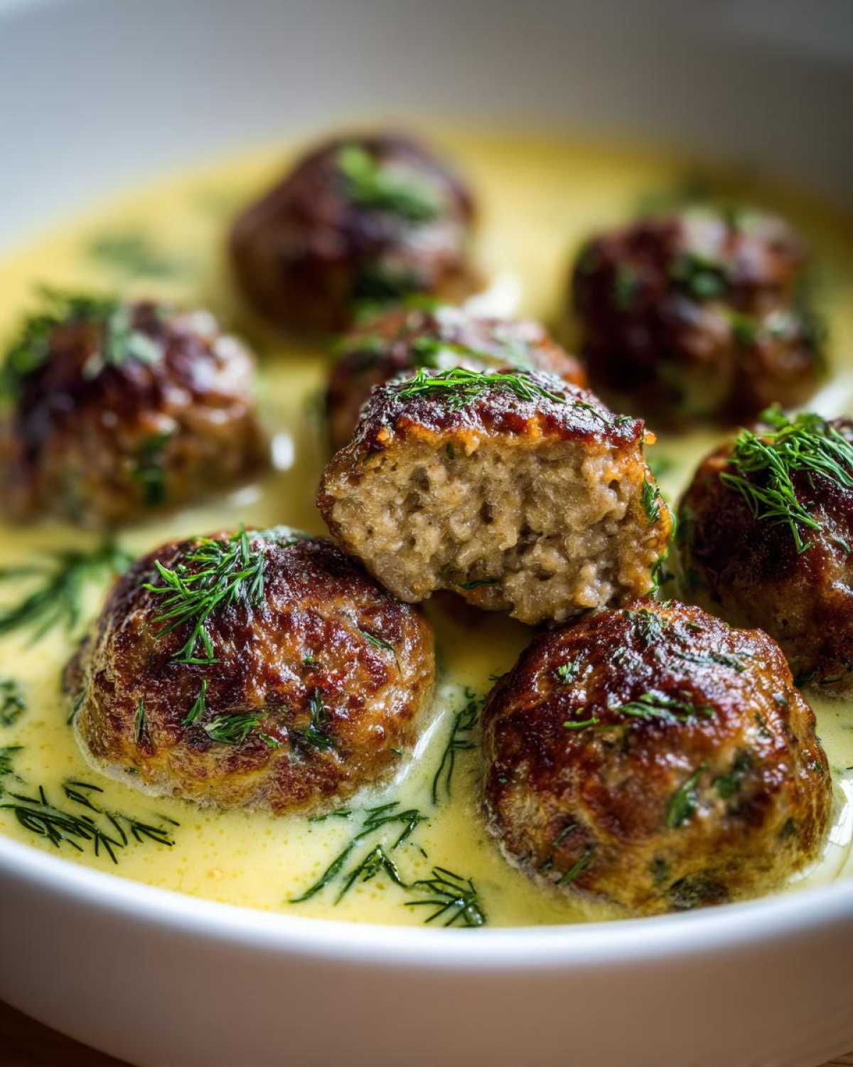 Close-up of browned Greek Meatballs in Lemon Sauce, garnished with fresh dill, one meatball is cut open.