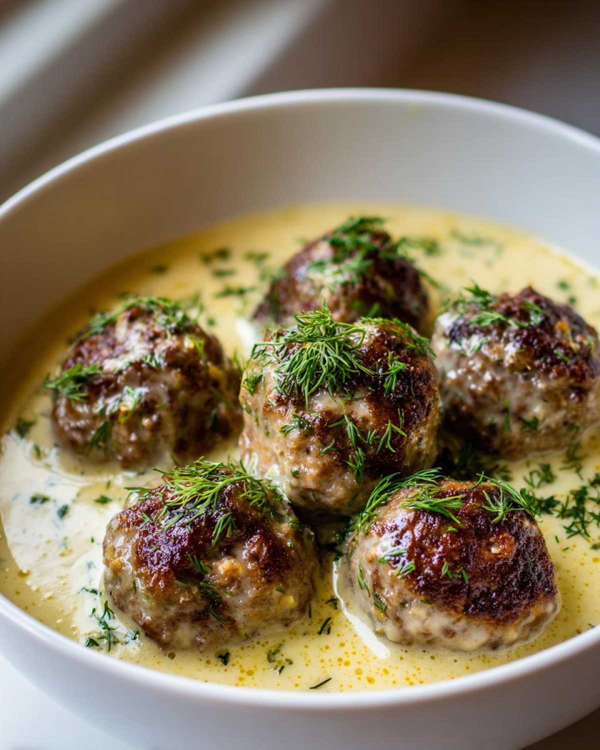 Five browned Greek Meatballs in Lemon Sauce, garnished generously with fresh dill.
