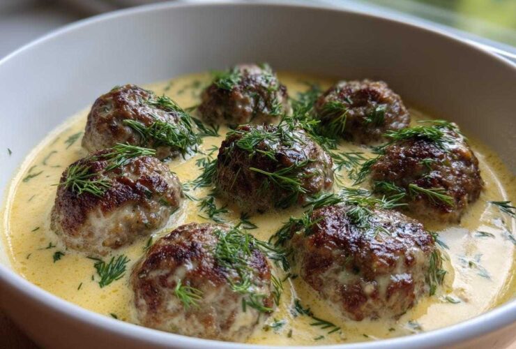 Seven browned Greek meatballs submerged in a creamy, yellow lemon sauce and generously topped with fresh dill.