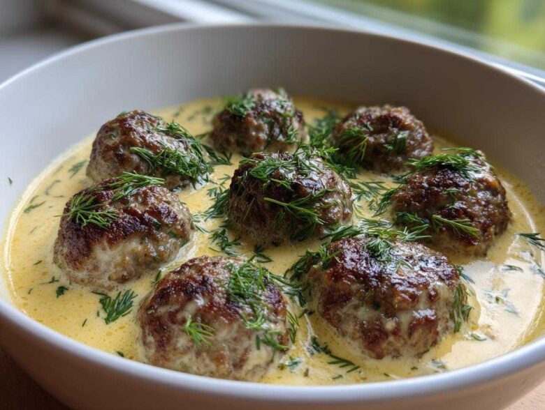 Seven browned Greek meatballs submerged in a creamy, yellow lemon sauce and generously topped with fresh dill.