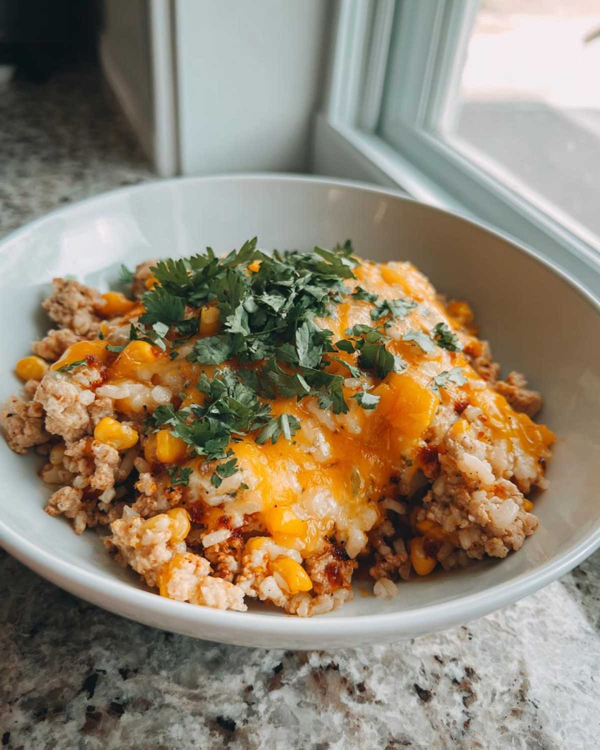 A close-up of a serving of Ground Turkey Rice Bowls topped with melted cheddar cheese, corn, and fresh cilantro.