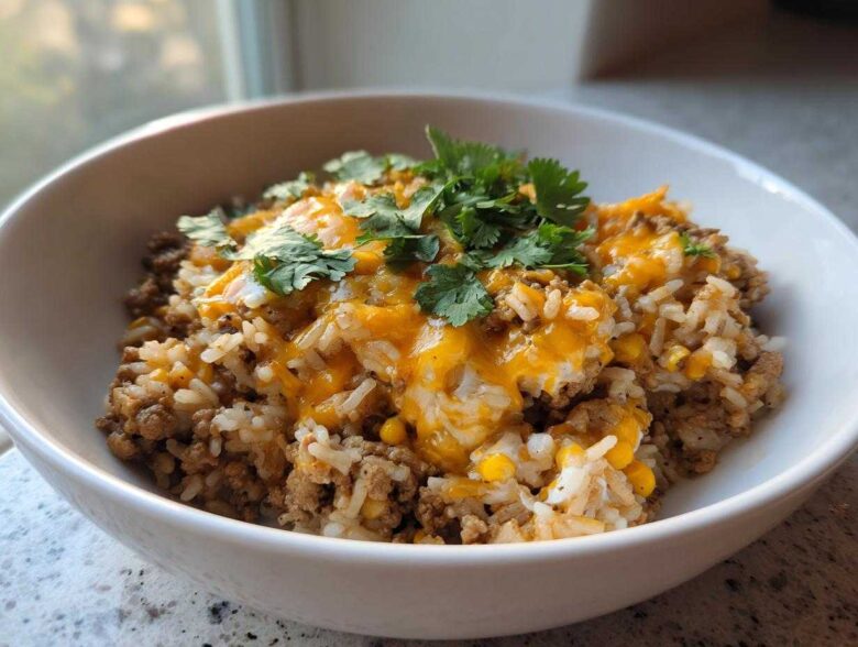 A close-up view of a white bowl filled with Ground Turkey Rice Bowls, topped with melted cheddar cheese and fresh cilantro.