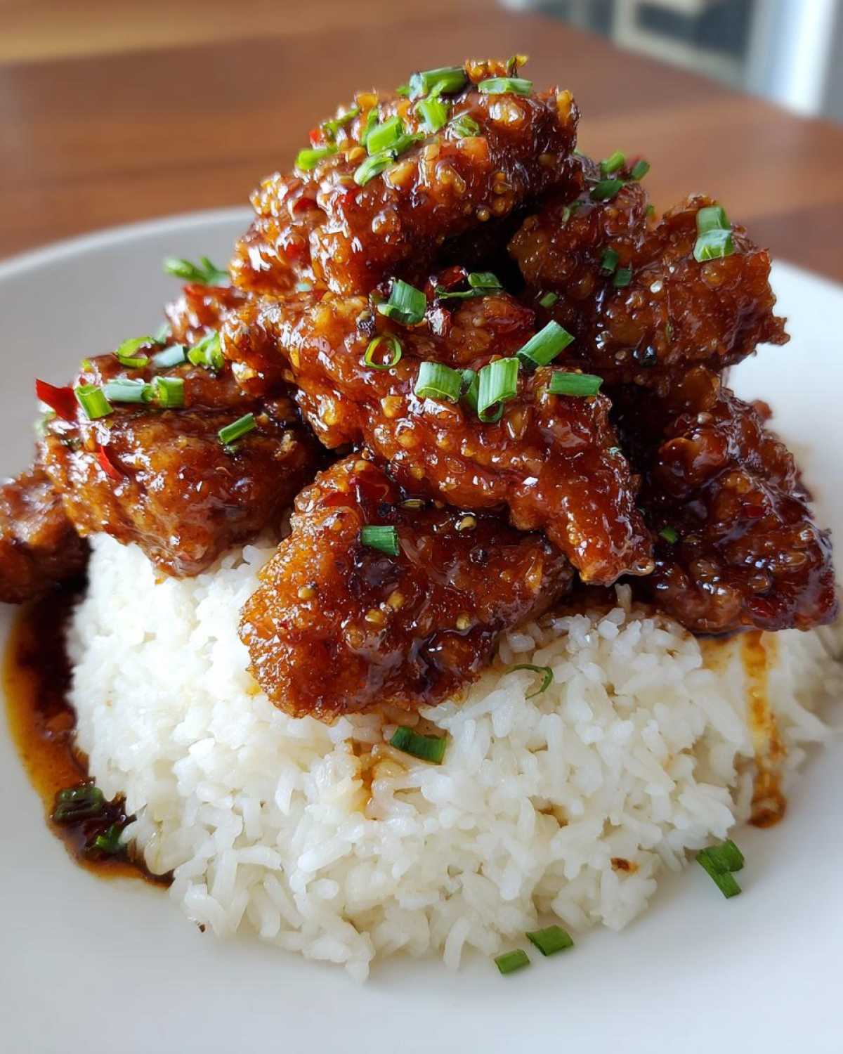Close-up of crispy chicken pieces coated in a rich, dark glaze served over a mound of white Hawaiian Chicken Coconut Rice.