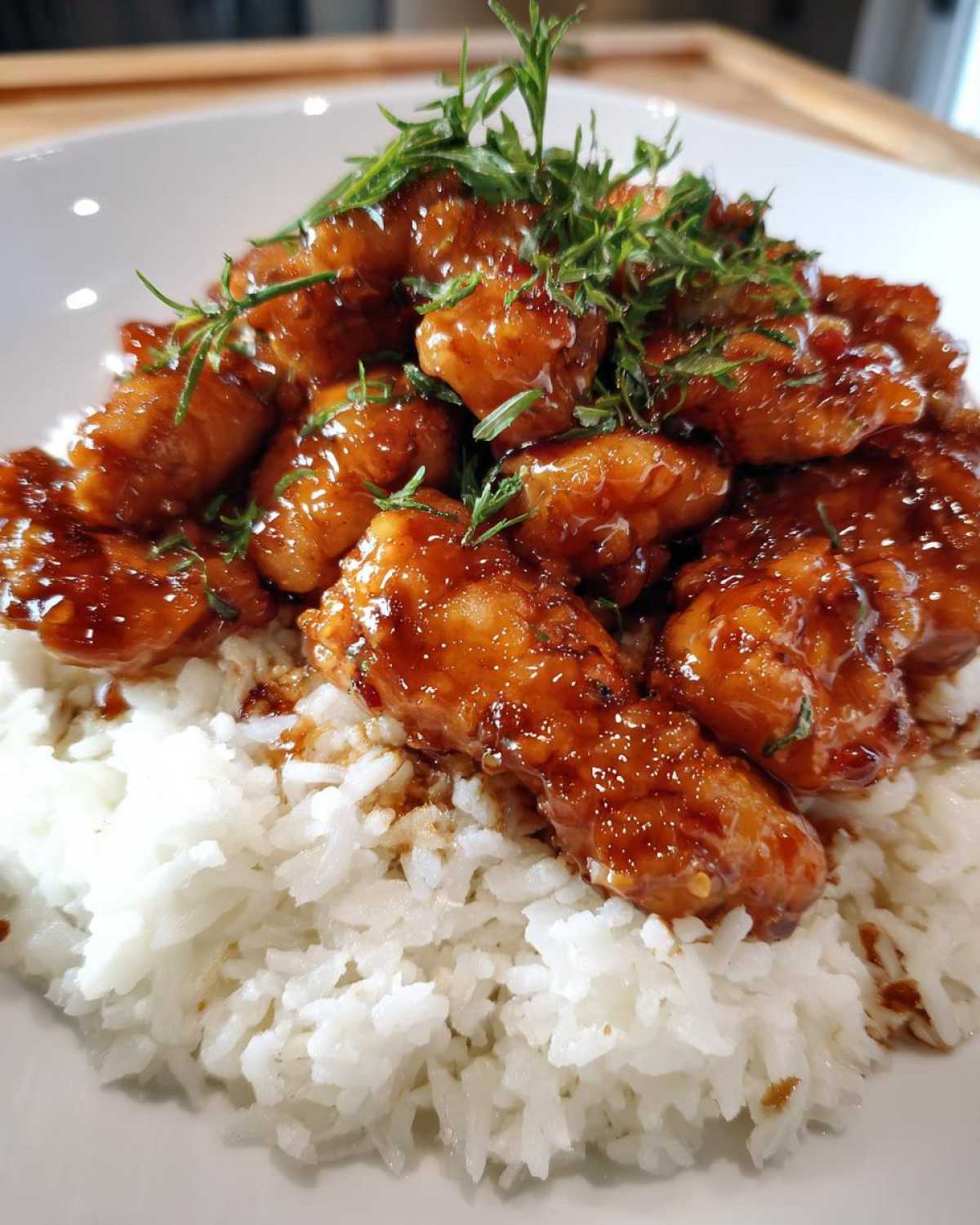 Close-up of glazed chicken pieces served over a bed of fluffy white rice, garnished with fresh herbs, for Hawaiian Chicken Coconut Rice.