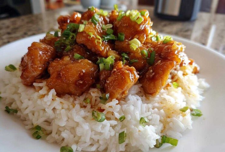 Close-up of sticky, glazed chicken pieces served over fluffy white coconut rice, garnished with green onions, representing Hawaiian Chicken Coconut Rice.