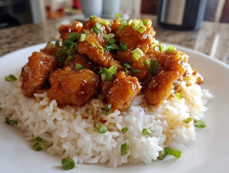 Close-up of sticky, glazed chicken pieces served over fluffy white coconut rice, garnished with green onions, representing Hawaiian Chicken Coconut Rice.