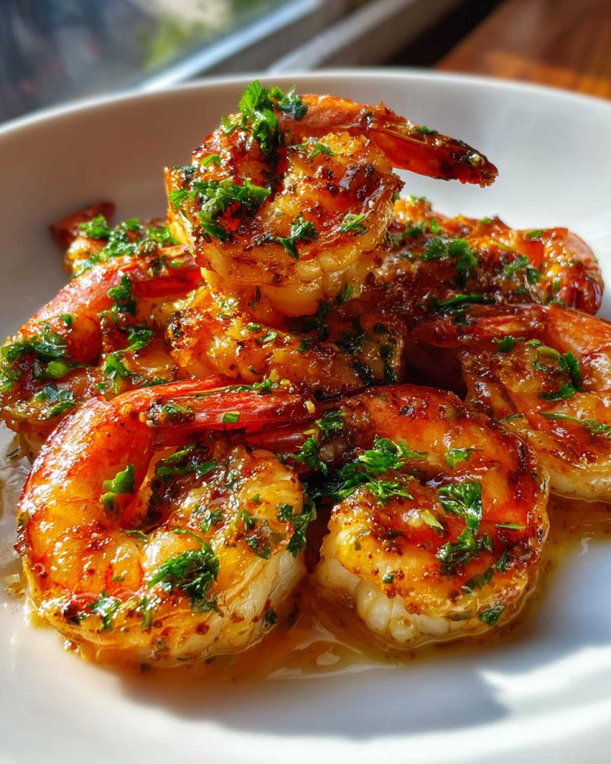 A close-up, appetizing shot of several plump Hawaiian Garlic Shrimp coated in a rich, buttery sauce and topped with fresh green parsley.