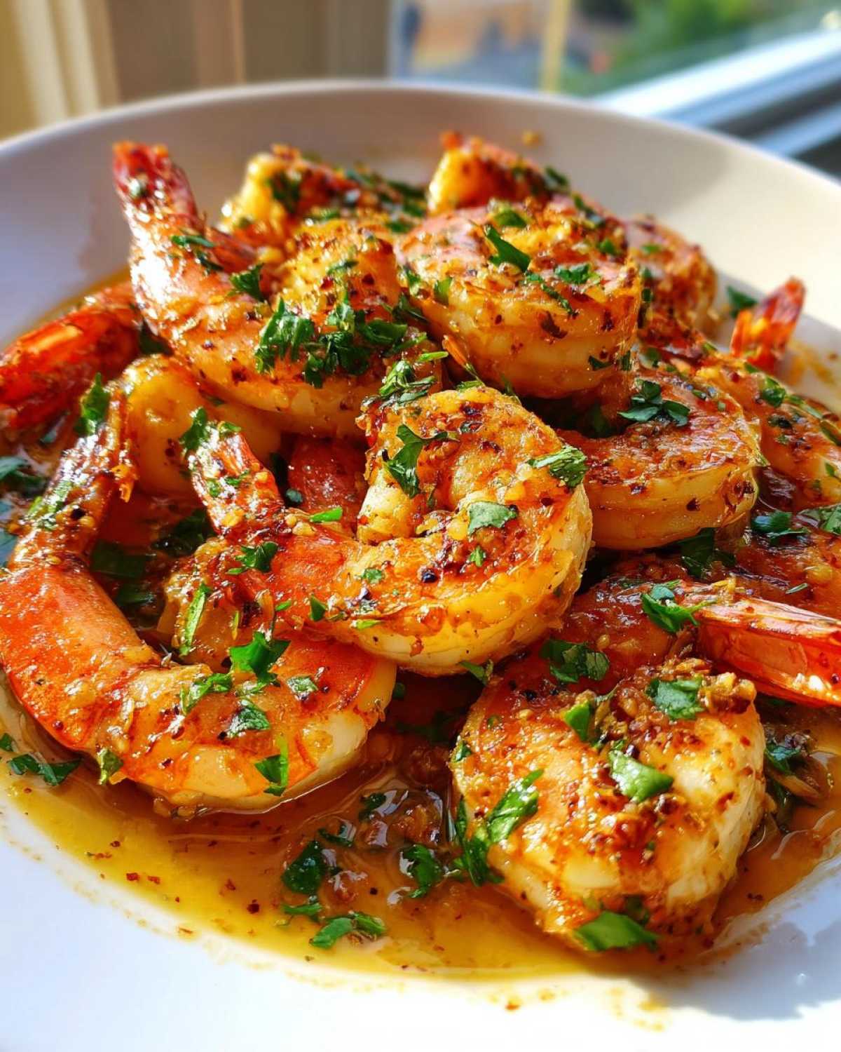 A close-up of succulent Hawaiian Garlic Shrimp coated in a buttery, garlicky sauce and topped with fresh parsley.