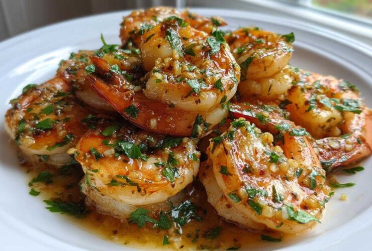 A close-up of succulent Hawaiian Garlic Shrimp coated in a rich, buttery garlic sauce and fresh parsley.