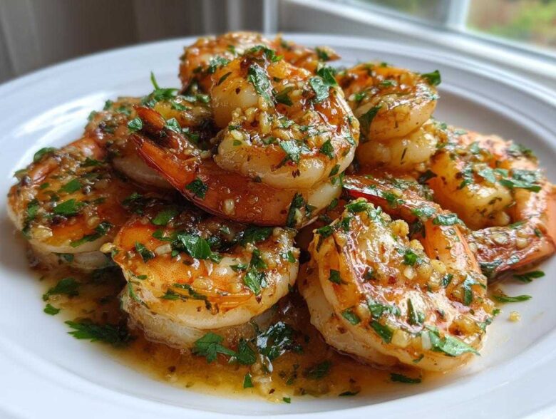 A close-up of succulent Hawaiian Garlic Shrimp coated in a rich, buttery garlic sauce and fresh parsley.