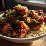 Close-up of sticky, glazed Honey Garlic Chicken Quinoa served over a bed of fluffy quinoa.