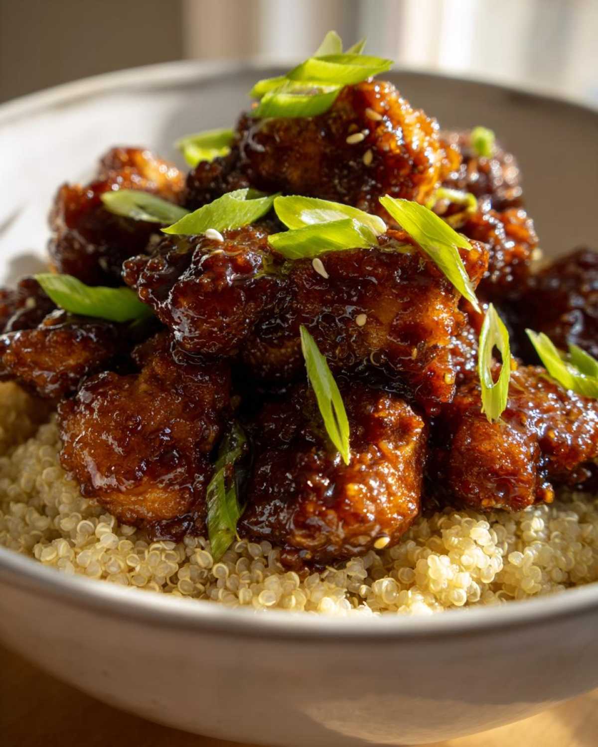 Close-up of sticky, glazed Honey Garlic Chicken served over a bed of fluffy quinoa, topped with green onions.