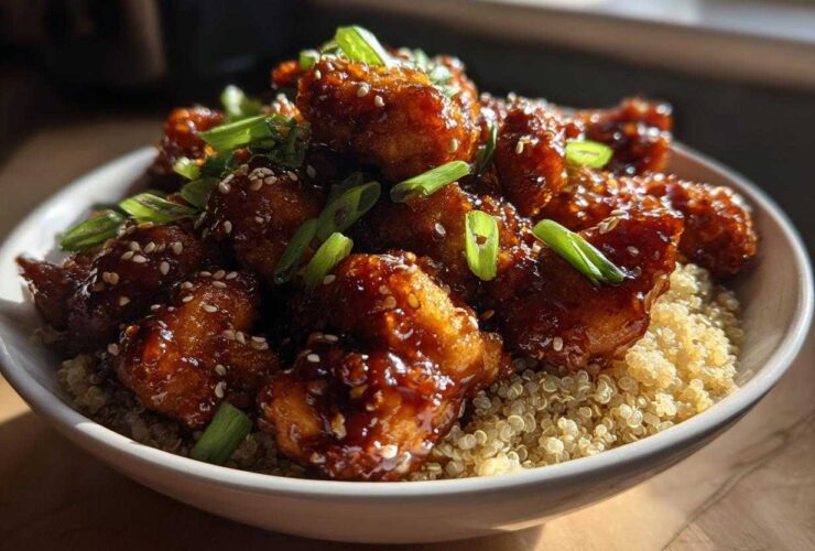 Close-up of sticky, glazed Honey Garlic Chicken Quinoa served over a bed of fluffy quinoa.