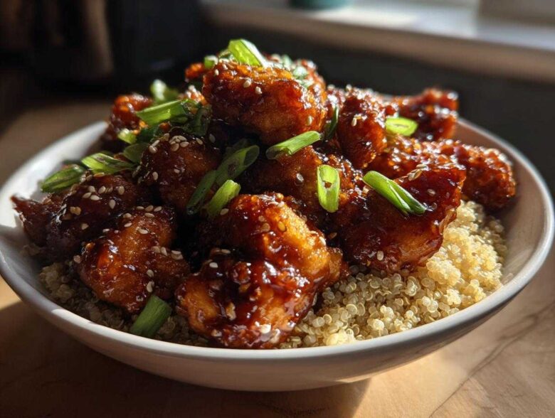 Close-up of sticky, glazed Honey Garlic Chicken Quinoa served over a bed of fluffy quinoa.