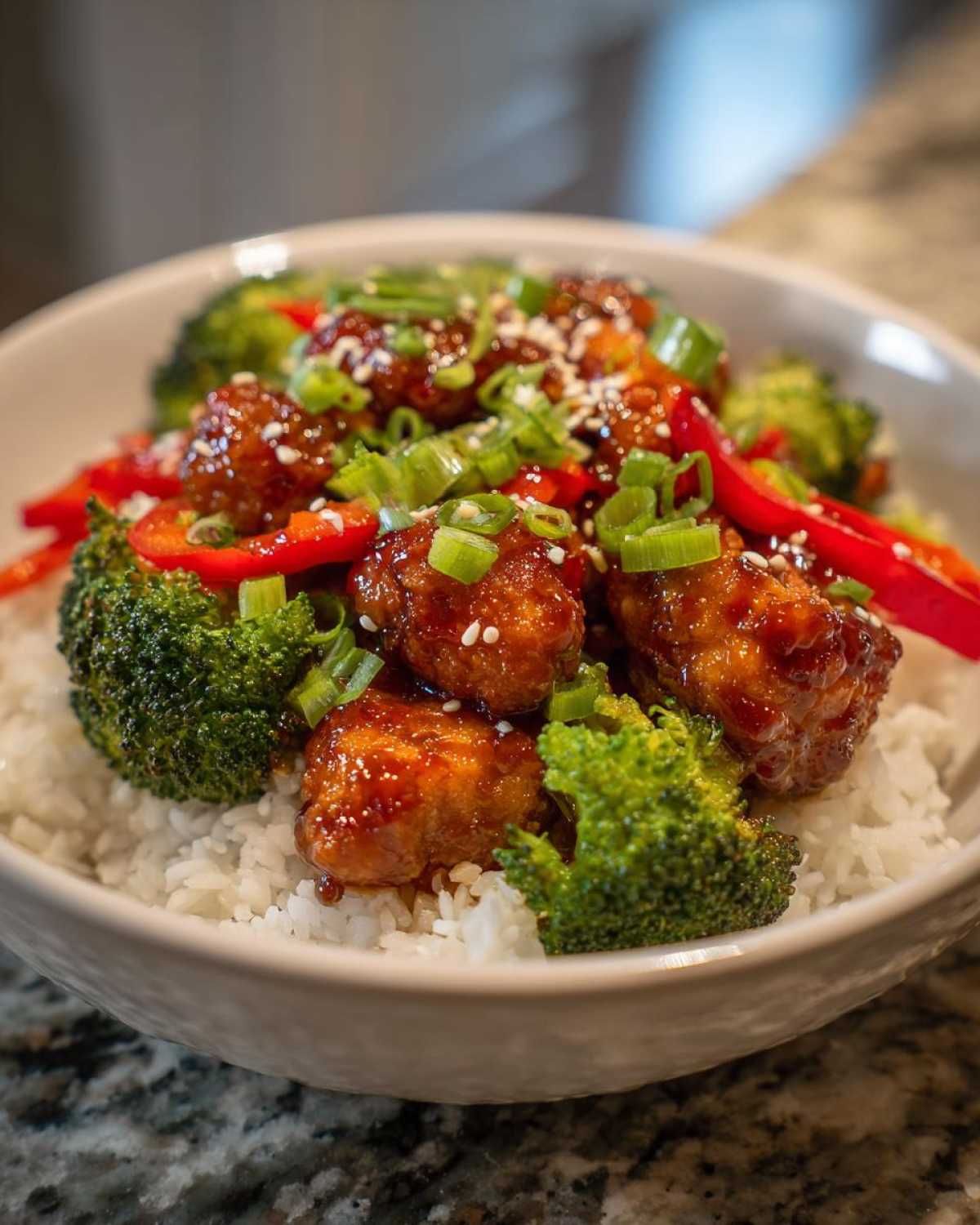 Close-up of a Honey Lime Chicken Rice Bowl featuring glazed chicken pieces, broccoli, red peppers, and sesame seeds.