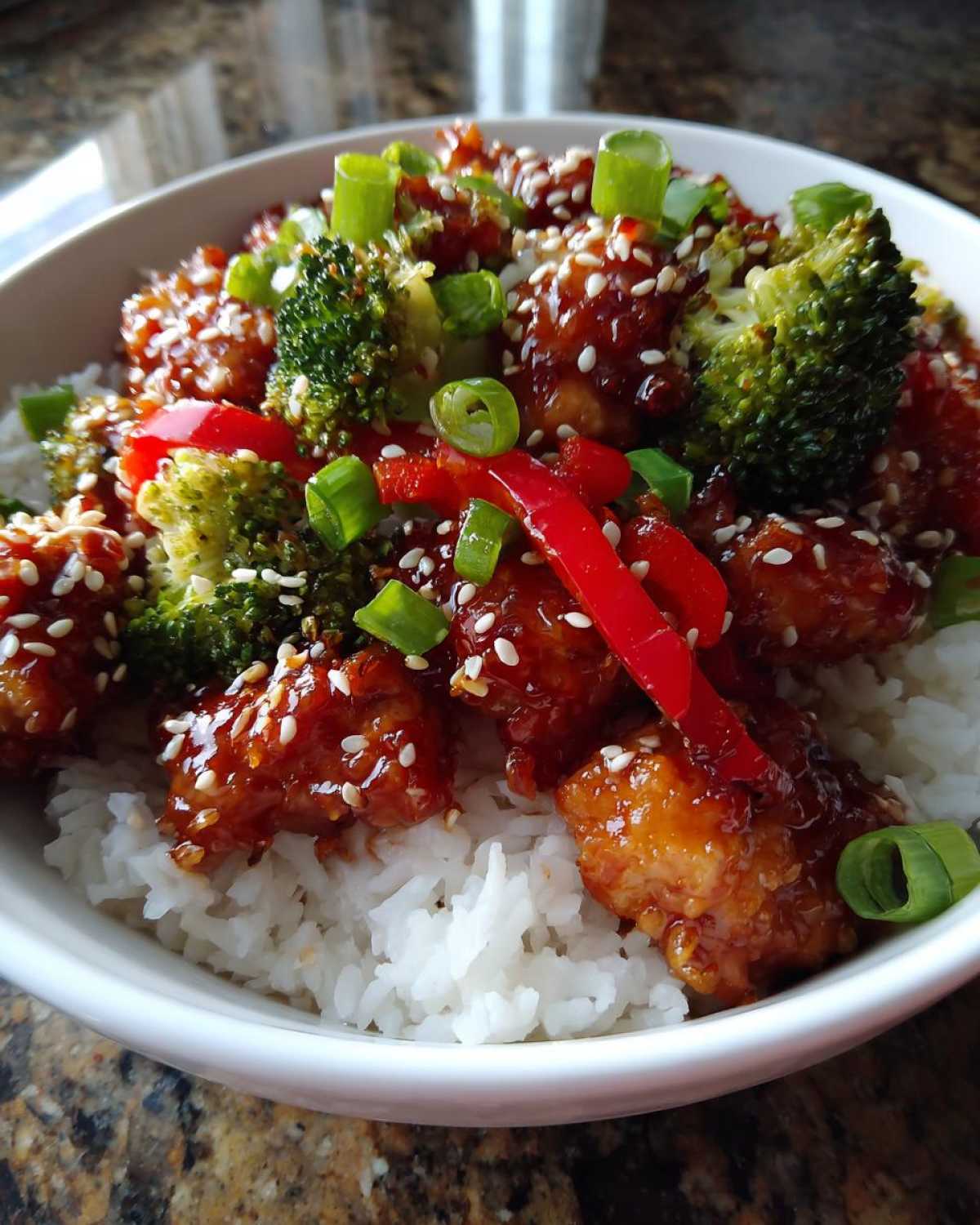 Close-up of a Honey Lime Chicken Rice Bowl featuring glazed chicken pieces, broccoli, red peppers, and sesame seeds.