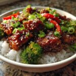 Close-up of a Honey Lime Chicken Rice Bowl featuring glazed chicken pieces, broccoli, and red peppers over white rice.