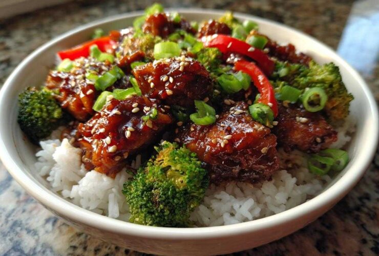 Close-up of a Honey Lime Chicken Rice Bowl featuring glazed chicken pieces, broccoli, and red peppers over white rice.