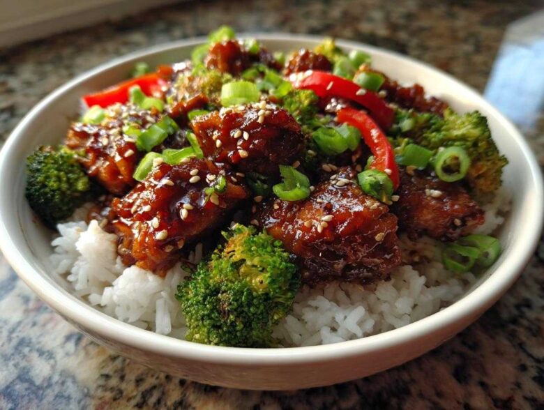 Close-up of a Honey Lime Chicken Rice Bowl featuring glazed chicken pieces, broccoli, and red peppers over white rice.