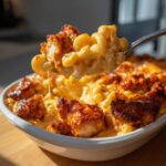 A spoonful of creamy Honey Pepper Chicken Mac and Cheese being lifted from a white baking dish.