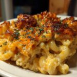 Close-up of a serving of cheesy Honey Pepper Chicken Mac and Cheese with a caramelized, glazed topping and parsley.