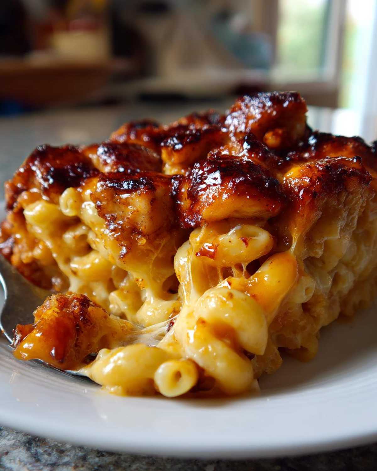 A close-up of a serving of Honey Pepper Chicken Mac and Cheese with gooey cheese pull.