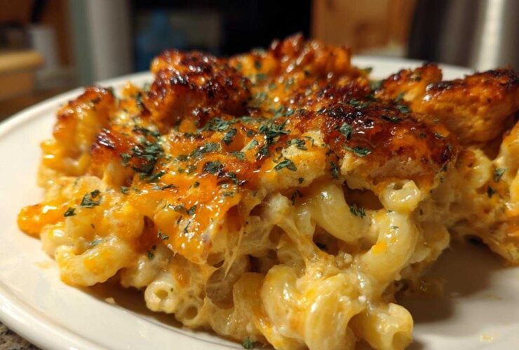 Close-up of a serving of cheesy Honey Pepper Chicken Mac and Cheese with a caramelized, glazed topping and parsley.