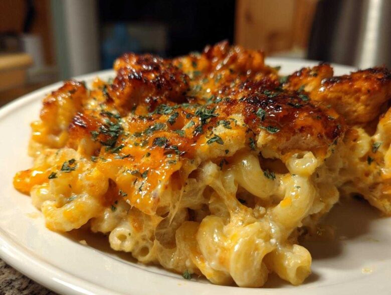 Close-up of a serving of cheesy Honey Pepper Chicken Mac and Cheese with a caramelized, glazed topping and parsley.