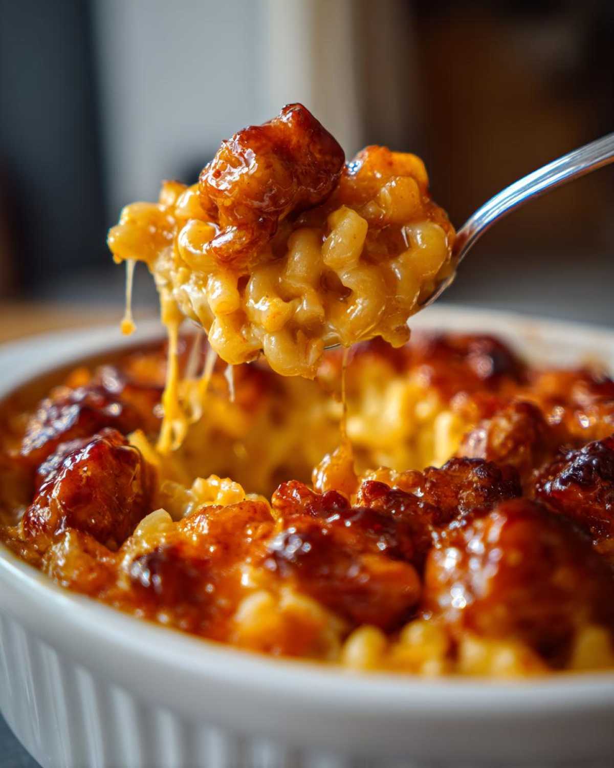 A spoonful of creamy Honey Pepper Chicken Mac and Cheese being lifted from a white baking dish, showing cheesy pull.