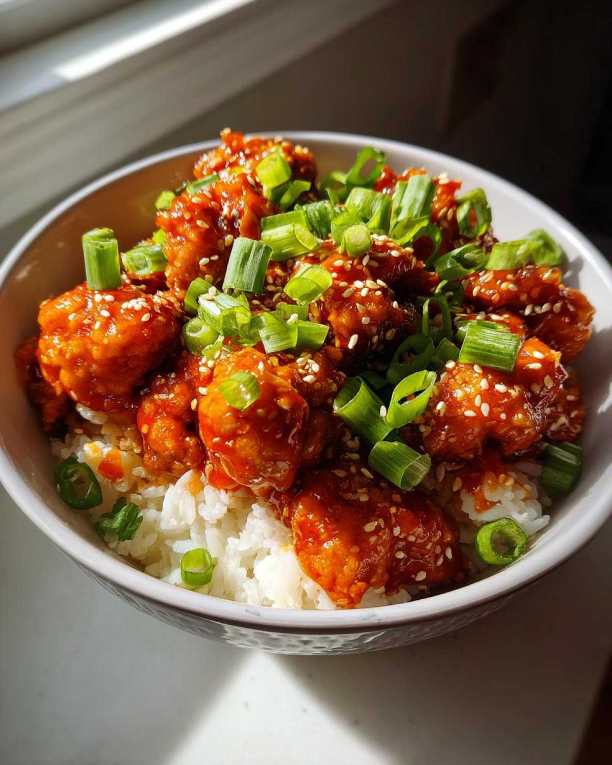 A bowl filled with white rice topped with glistening, saucy Honey Sriracha Chicken, garnished with sesame seeds and chopped green onions.