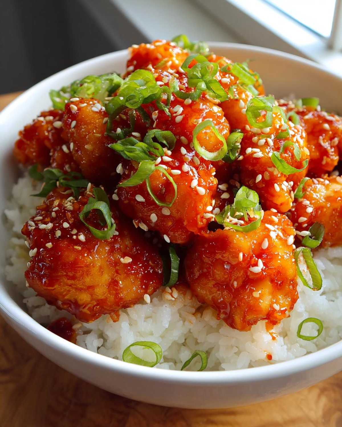 Close-up of crispy chicken glazed with bright red sauce served over white rice in a bowl, topped with sesame seeds and scallions for Honey Sriracha Chicken Rice Bowls.