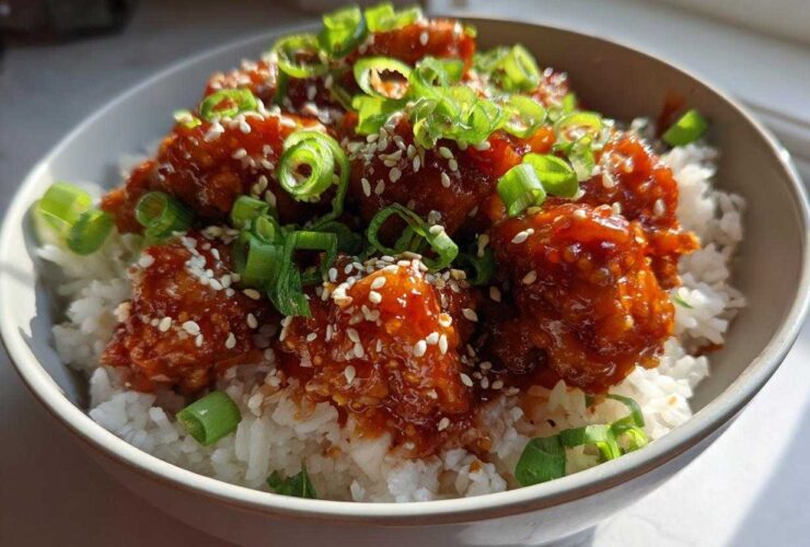 A close-up of a bowl filled with white rice topped with sticky, glazed Honey Sriracha Chicken, garnished with sesame seeds and sliced green onions.
