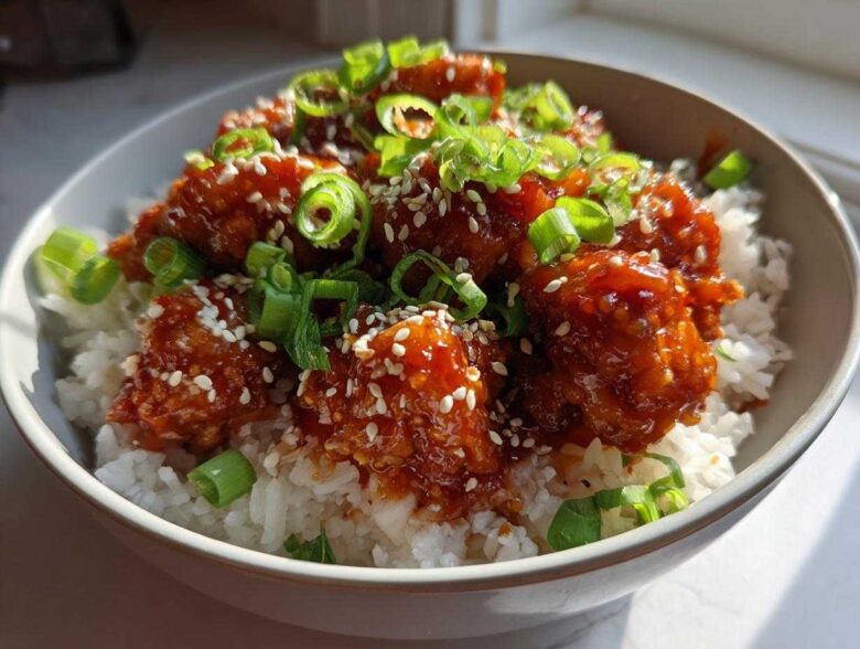 A close-up of a bowl filled with white rice topped with sticky, glazed Honey Sriracha Chicken, garnished with sesame seeds and sliced green onions.