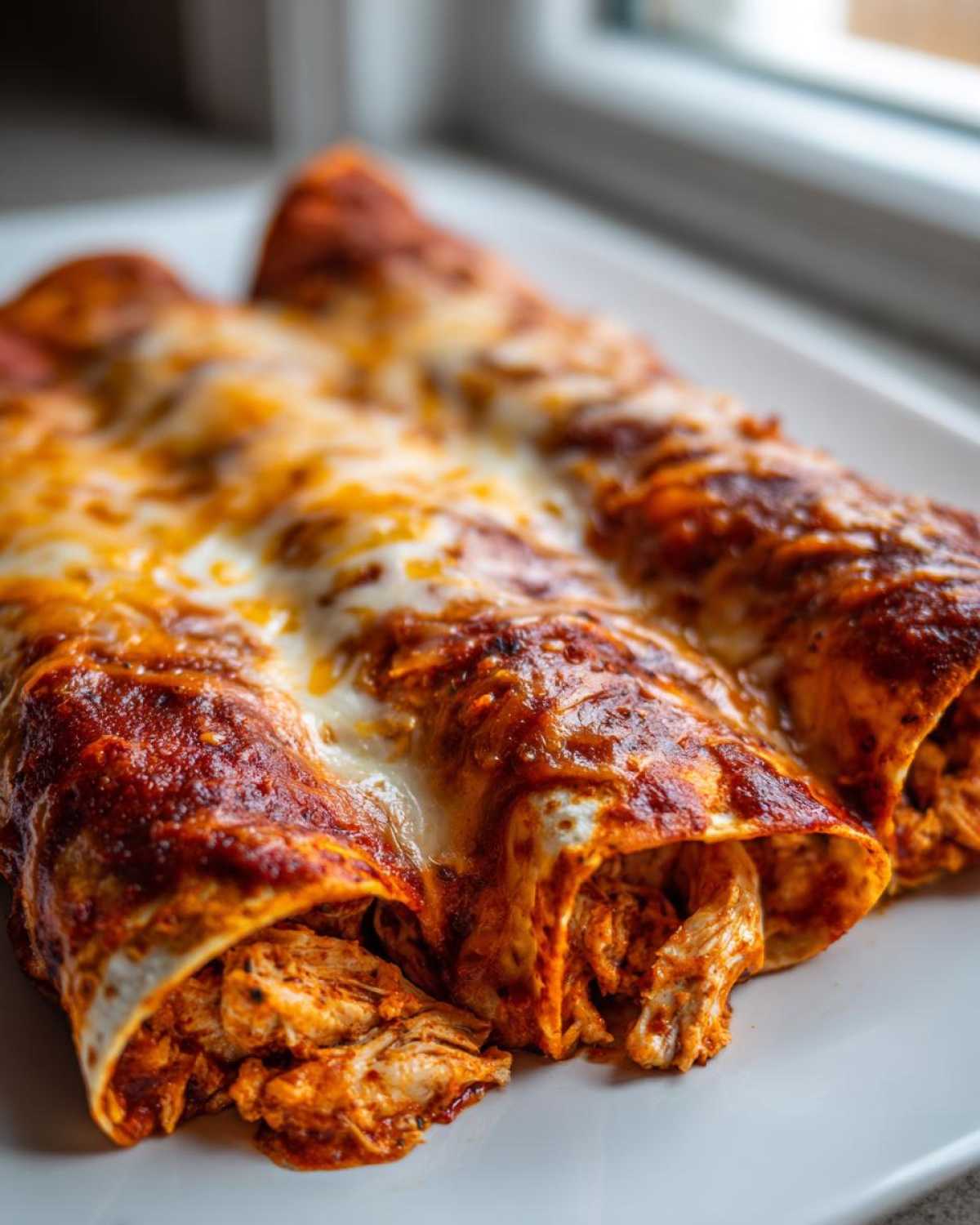 Close-up of three rolled Joanna Gaines Enchiladas covered in red sauce and melted cheese, showing shredded chicken filling.