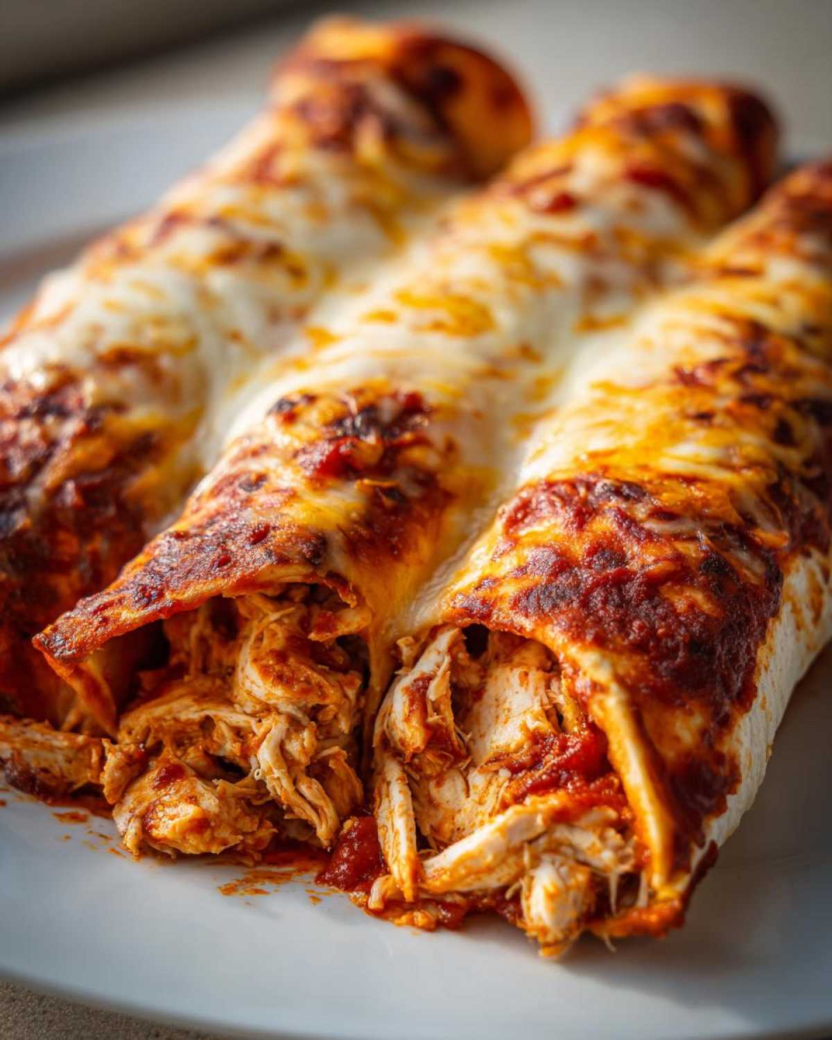 Close-up of three rolled Joanna Gaines Enchiladas oozing with shredded chicken filling and melted cheese.